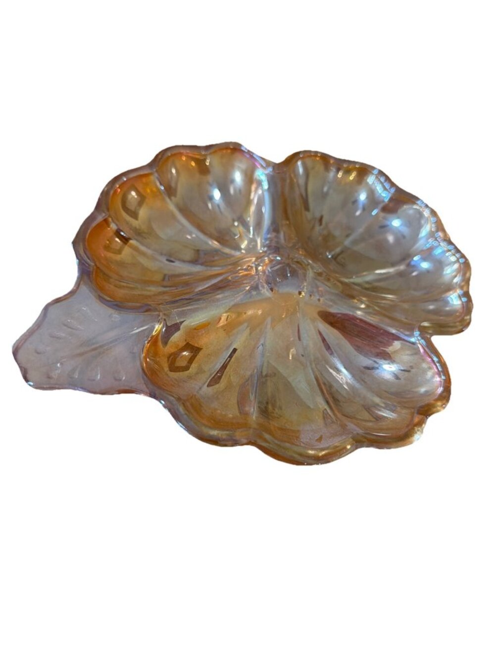 Vintage Jeanette Marigold Carnival Glass Peach Luster Leaf Divided Dish Trinket